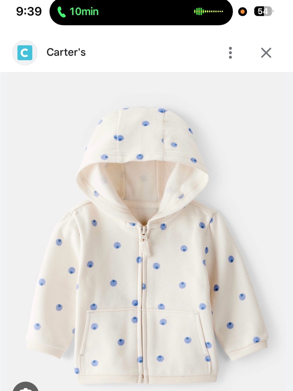 5/$15 Carter's Cream Hoodie with Blue Dot Print and Front Zip